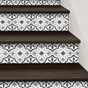 funlife 14PCS Peel and Stick Moroccan Pattern Vinyl Stair Riser Decals, Self Adhesive Retro Decorative Stair Riser Stickers, 39.37"x7.09" Grey White Moroccan Floral
