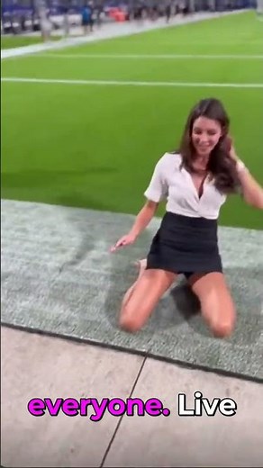 Cute reporter in short skirt trips mid-report, dropping mic on live TV.