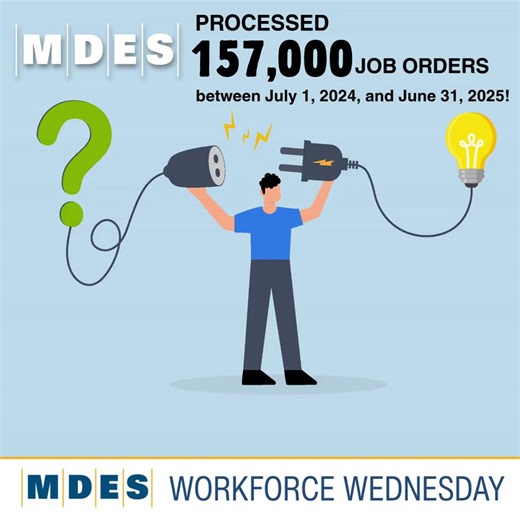 💼 MDES processed 157,000 job orders between July 1, 2024 and June 31, 2025! We’re working hard to connect job seekers with employers and help Mississippians get back to work. Find your next opportunity with us online at: https://wings.mdes.ms.gov/wings/spring/self-service/job-order/job-order-lookup?orderBy=openDate&orderDir=desc #WORKFORCEWEDNESDAY #WorkforceDevelopment #MDES | Mississippi Department of Employment Security
