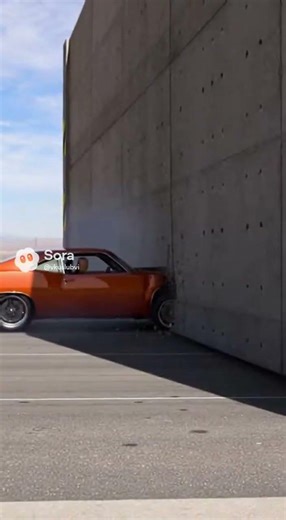 Crash test, classic American muscle car doing a powerful launch toward a reinforced concrete wall,