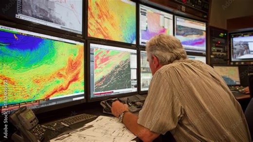 Technician analyzing flight data on multiple monitors utilizing analytics software to optimize scheduling and reduce delays in airspace management.