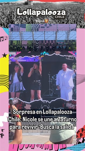 Nicole apareció inesperadamente en el escenario de Zaturno para revivir su recordado tema de 2012 ‘Busca la salida’, desatando la emoción y nostalgia del público presente. Recordemos que hace algunos días, en conversación con Página 7, Sergio Lagos —expareja de la cantante— ya nos había adelantado que se venía una sorpresa en el festival. Lee más detalles en Pagina7.cl o en el enlace de nuestra BIO #Zaturno #Nicole #Lollapalooza2026 #LollapaloozaChile #Página7Chile