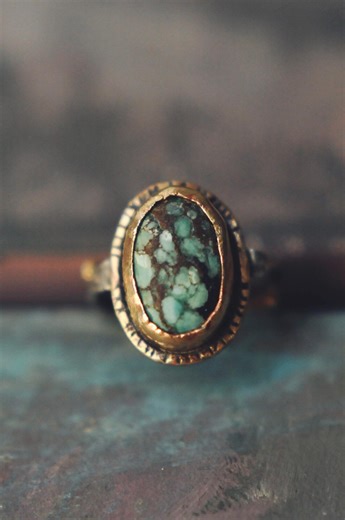 Hubei Turquoise Ring: Sterling Silver and Brass, Rustic, Adjustable Size 6 to 12 - Etsy
