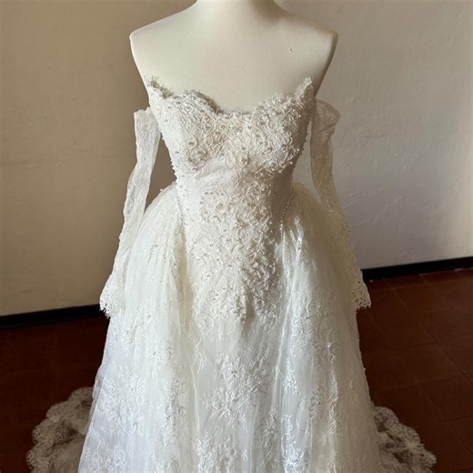 Handmade French Lace Wedding Dress – Elegant Couture Bridal Gown With Gloves, Romantic Custom Bridal Dress - Etsy