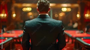 Guard in a Black Suit Keeping Watch Over the Poker Event Queue. Concept Casino Security, VIP Protection, High-Stakes Gambling, Bouncer Duties, Event Surveillance