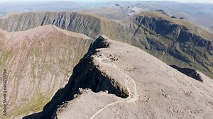 Aerial view of hikers on the summit of Ben Nevis - the tallest mountain in the United Kingdom