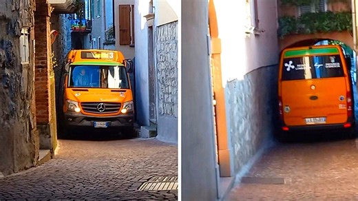 Not for beginners: Bus squeezes through tiny alley in Italy