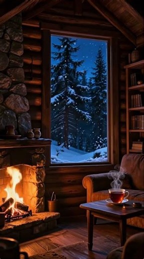 Cozy Winter Night in a Log Cabin ❄️ Fireplace & Snowfall Ambience