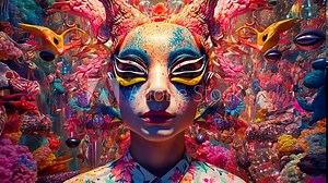 Mystical DMT entity emerging from a higher realm with elaborate, multi-dimensional face art and ethereal energy