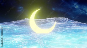 the moon over the sea. fantasy scene with the moon resting on the sea. 3d animation of a crescent moon moving over the sea. abstract background in space with the moon and the sea