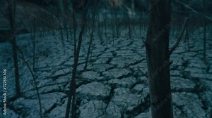 Camera slowly moves through scary dry barren terrain. Depressing and moody atmosphere. Global warming and climate change nightmare. Dry damaged earth, absence of rain in Europe.