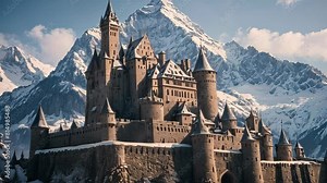 Video animation of majestic castle set against a backdrop of towering snow covered mountains. The castle features multiple spires, towers, and fortifications, reminiscent of medieval architecture