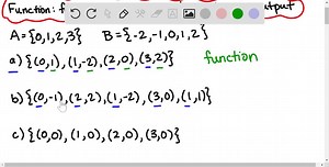 In Exercises 15 and 16, which sets of ordered pairs represent functions from A to B? Explain. A = {0, 1, 2, 3} and B = {-2, -1, 0, 1, 2} (a) {(0, 1), (1, -2), (2, 0), (3, 2)} (b) {(0, -1), (2, 2), (1, -2), (3, 0), (1, 1)} (c) {(0, 0), (1, 0), (2, 0), (3, 0)} (d) {(0, 2), (3, 0), (1, 1)} | Numerade