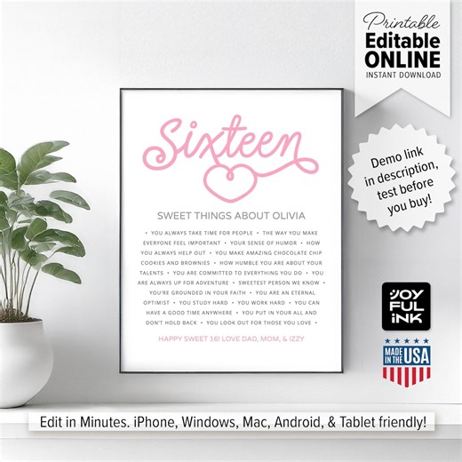 Sweet 16 Gift Ideas: 16 Sweet Things About You | Easy DIY Template | Printable | for 16 Year Old Daughter, Granddaughter, Niece, Sister - Etsy Canada