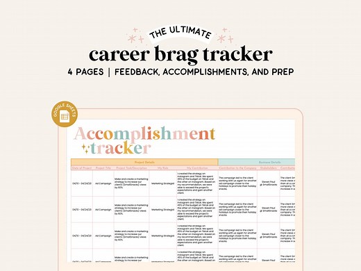 Brag Sheet Spreadsheet | Google Sheets | Accomplishment Tracker | Career Tracker | Results Tracker | Career Development | Brag Book Template - Etsy