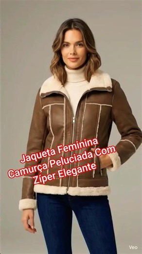 Jaqueta Feminina Camurça Peluciada Com Zíper Elegante