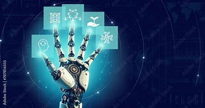 Robot hand on a virtual screen 2024. AI and innovation future growth year 2024.New technology trends. innovation and technology transformation in business and industry.