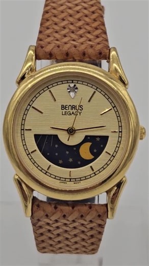 Vintage BENRUS Legacy Diamond Quartz Gold Tone Moon Phase Watch New Mesh Brown Leather Band Working! - Etsy