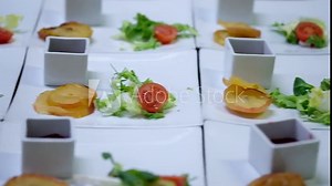 Moving camera slider show dish portions preparation process. Trays with various delicious appetizers typical traditional spanish starters in restaurant in white plates serving plates on table close up