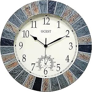 OCEST 13 Inch Large Outdoor Indoor Clock, Waterproof Wall Clock with Thermometer, Weather-Resistant Non-Ticking Battery Operated Decor for Patio, Pool, Lanai, Fence, Porch, Garden（Brown）