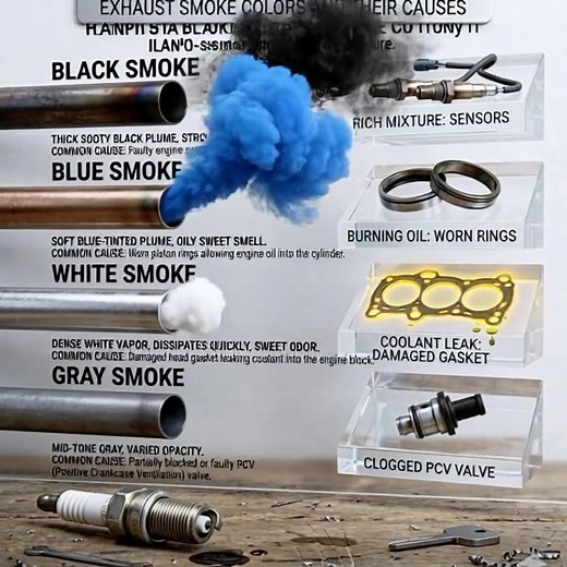 🚗💨 EXHAUST SMOKE DIAGNOSTIC GUIDE 🚗💨 The color of your exhaust smoke is one of the quickest ways to tell what’s happening inside your engine. Use this guide to spot trouble early: ⚪ White Smoke – Normal during cold starts from condensation. If it persists, coolant may be leaking into the engine, often from a damaged head gasket. 🔵 Blue Smoke – Your engine is burning oil. Common causes: worn piston rings or failing valve seals. ⚫ Black Smoke – Engine running “rich” (too much fuel). Usually f