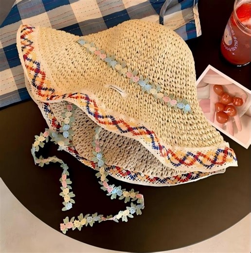 Boho Floral Large Brim Straw Hat Adjustable Foldable Windproof Sun Protection Beach Vacation Hat for Women