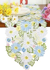 Embroidered Flowery Table Runner ,Applique Floral Daisy Cutwork Embroidered Table Linen, Home Kitchen Dining Tabletop Decoration (Blue Runner 13"×54")