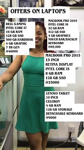 Offers on laptops MACBOOK PRO 2019 INTEL CORE I9 32 GB RAM 512 GB SSD 4 GB GRAPHICS TOUCH BAR/BACKLIT KEYBOARD @69,000 MACBOOK PRO 2015 13 INCH RETINA DISPLAY INTEL CORE I5 8 GB RAM 128 GB SSD @25000 LENOVO TABLET 10 INCH CELERON 4 GB RAM 128 GB STORAGE DETACHABLE KEYBOARD @9000 DELL GAMING INTEL CORE I7 16 GB RAM 128 GB SSD 500 GB HARDDISK 4 GB GRAPHIC 7 TH GEN @46000 Call or WhatsApp 07.12.70.48.15 | Stabtech computers | Facebook