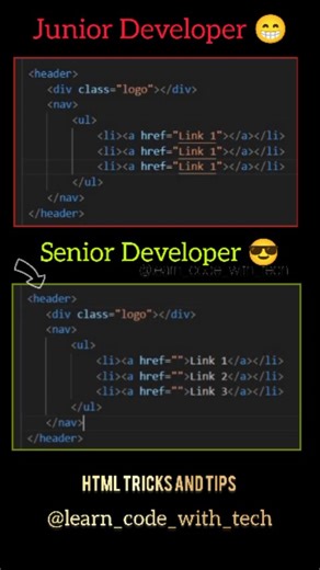 Learn_code_with_tech on Instagram: "junior developer ✖️ vs senior developer ✅ Follow for more html tricks and tips . Follow for more! #html #css #html5 #css3 #csstricks #cssanimation #learnhtml #learncss #csstips #csstipoftheday #webdeveloper #uidesign #uxdesign #webdesign #webdevelopment #frontenddeveloper #frontendwebdeveloper #100daysofcode #softwareengineer #javascriptseries"