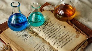 Download Three round flasks with vibrant blue and amber liquids rest on an ancient manuscript with ornate script, blending science, chemistry and history in vintage, alchemical atmosphere of for free