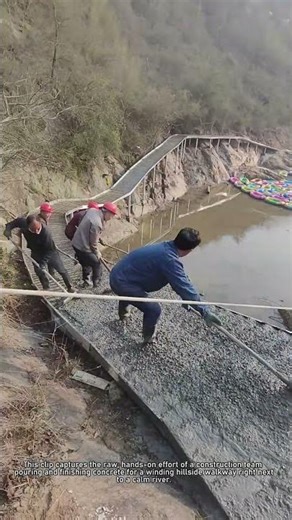 Workers Pouring Concrete for a Hillside Walkway Near a River
