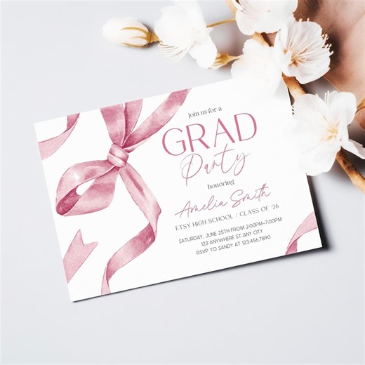 Pink Bow Graduation Invitation Card | Girl Graduation Announcement Template | Minimalist Graduation Party Invite Card | Modern Class of 2026 - Etsy