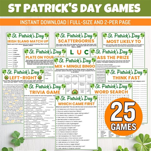 St. Patrick's Day Games Bundle, Printable Games for Kids & Adults, Family Activities, St Patricks Day Trivia, Office Games, Irish Party Game - Etsy