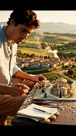 Artist Building a Village Model From a Hilltop