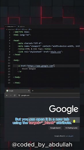 HTML Tip #2 - Open Links in a New Tab 🔥| #htmltips #viralshorts #short #coded_by_abdullah