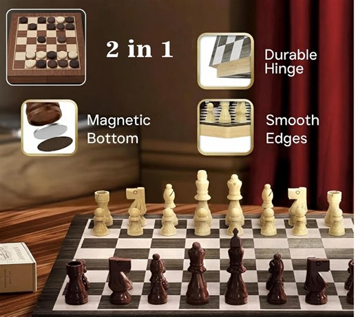 Personalized Wooden Magnetic Chess & Checkers Set, 15” Folding Chess Board | Solid Wood 2-in-1 Chess Sets With Storage Box, 2 Extra Queens - Etsy