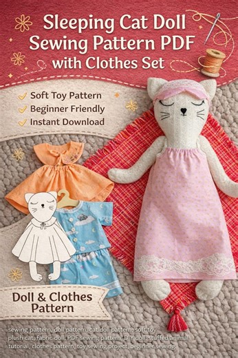 Sleeping Cat Doll Sewing Pattern PDF With Clothes Set | Soft Toy Pattern | Beginner Friendly | Digital Download - Etsy