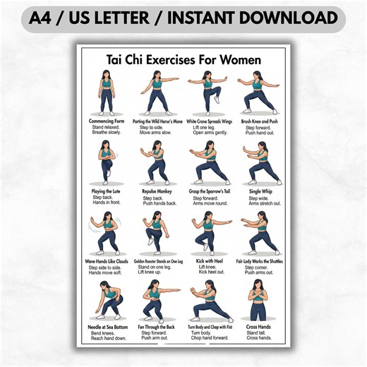 Tai Chi Exercises for Women Poster | Exercise Chart for Adults Printable Wall Art | Tai Chi Exercise Chart | Digital Print - Etsy