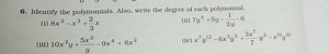Identify the polynomials. Also, write the degree of each polyno... | Filo