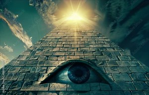 Eye of Providence on ancient pyramid. All-seeing God's eye and shining light on top