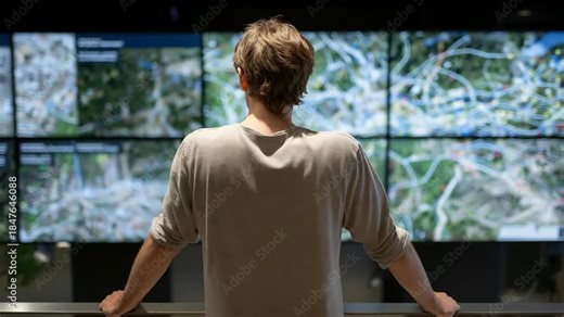 A transportation planner analyzing multi-modal transit flows on a large wall display filled with animated routes for buses, bicycles, trams, and pedestrian networks — future mobility planning,