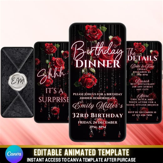 Black Red Rose Birthday Dinner Invitation | Animated Video Invite | Editable Canva Template - Etsy