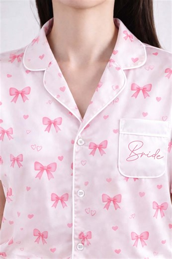 Pink Bow Satin Pajamas Set, Custom Short Pyjamas Set, Matching Pajamas, Bridesmaid Pajamas, Bridesmaid Proposal Gifts, Gift for Her - Etsy