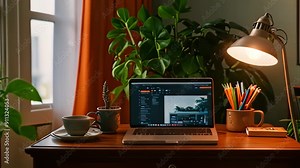 Video footage of cozy home office setup on a wooden desk,laptop open with an image editing program displayed on the screen
