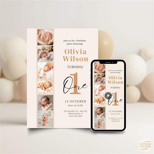 Birthday Invitation Customized Photo Collage First One Kids Digital Invite Templates Printable Animated Bundle - Etsy