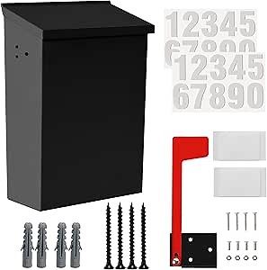 TonGass 7.1"x10.1"x3.8" Wall-Mount Mailbox for House with Flag and Number Stickers, Mailboxes for Outside Wall Mount with Screws Ideal for House Outdoor Use, Rust-Proof Carbon Steel Mailbox - Black