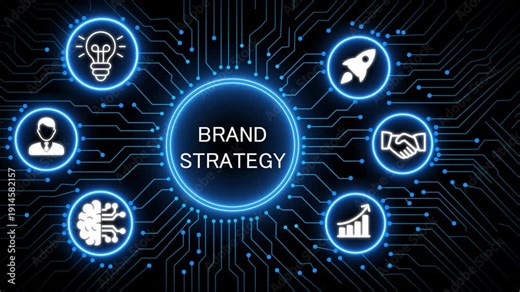 A glowing neon brand strategy concept surrounded by smaller icons for ai and manufacturing process management all connected in a digital circuit like pattern, manufacturing planning,