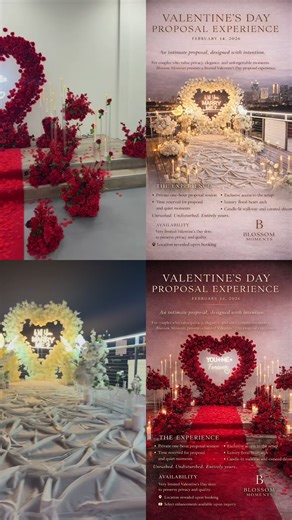 The Valentine's Day Proposal Experience by Blossom Moments is thoughtfully designed, beautifully private. Designed for couples who value privacy, elegance, and intention. This experience is very limited in availability. If you're considering a Valentine's Day proposal, DM