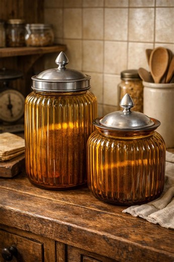 Vintage Amber Ribbed Glass Canister Set | 70s Kitchen Jars - Etsy